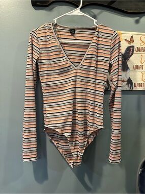 wild fable Striped Pink, Cream, Black & Gray Ribbed Long-Sleeve Bodysuit